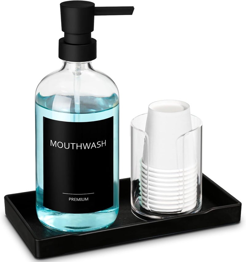 TOLDATLI Mouthwash Dispenser for Bathroom, Glass Mouth Wash Pump Dispenser with Cup Holder, 17 Fl Oz Mouthwash Bottle Decanter with Tray, Refillable Mouthwash Dispenser Container - Image 1